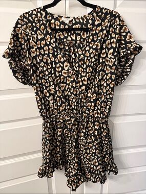 Umgee Leopard-Print Tie-Waist Romper in Black, Brown & Cream